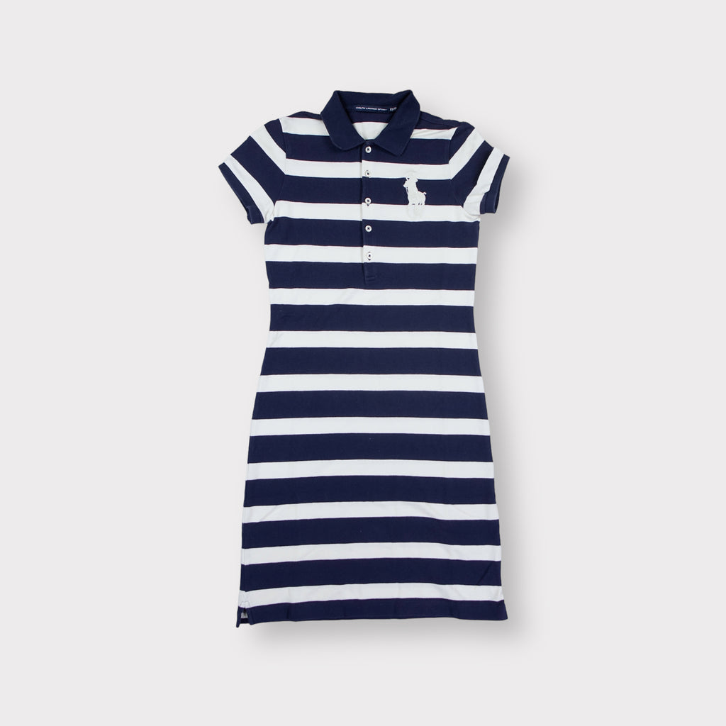 Ralph Lauren white and navy striped polo dress featuring a large embroidered pony logo