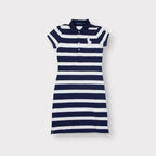 Ralph Lauren white and navy striped polo dress featuring a large embroidered pony logo