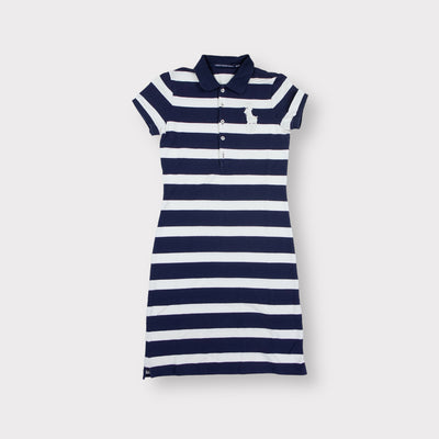 Ralph Lauren white and navy striped polo dress featuring a large embroidered pony logo