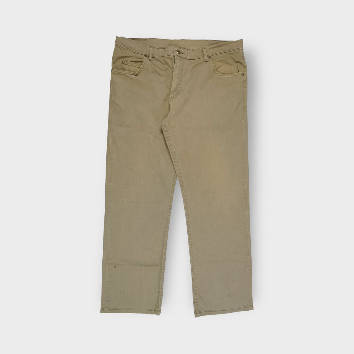Lee khaki jeans featuring a brown leather logo patch on the back waistband