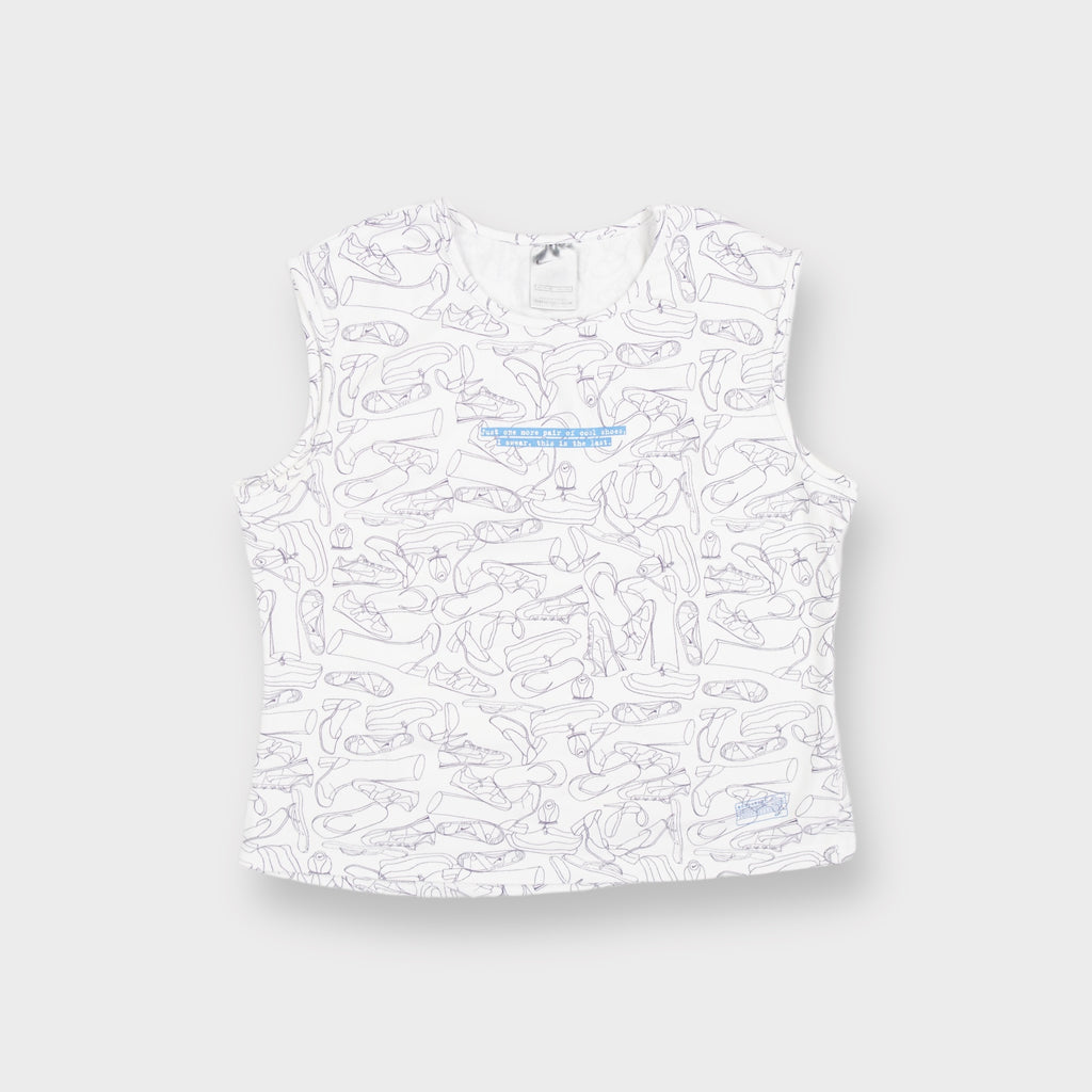 White Nike sleeveless top with purple shoe line illustrations and blue chest graphic