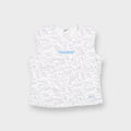 White Nike sleeveless top with purple shoe line illustrations and blue chest graphic