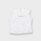 White Nike sleeveless top with purple shoe line illustrations and blue chest graphic