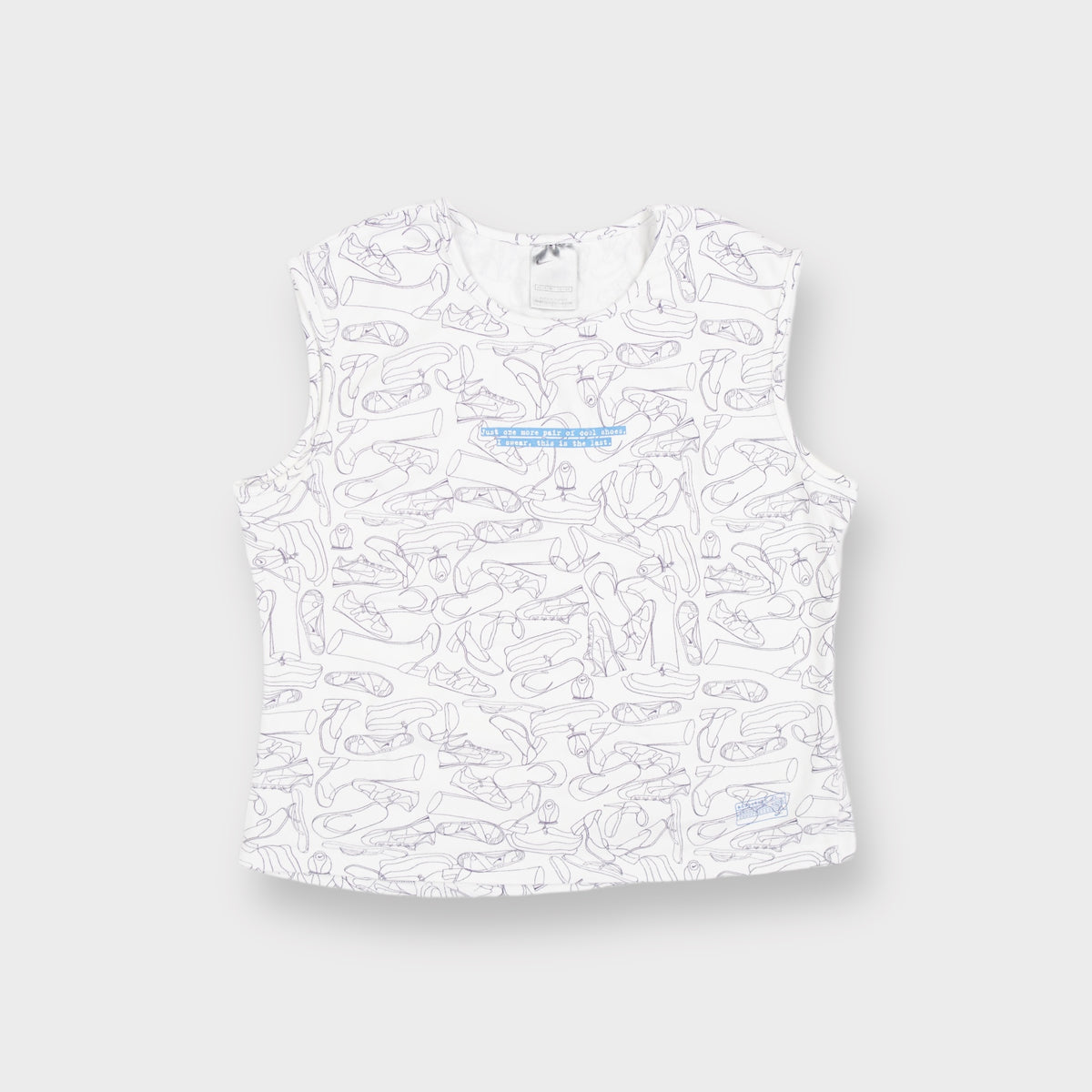 White Nike sleeveless top with purple shoe line illustrations and blue chest graphic