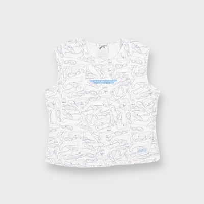 White Nike sleeveless top with purple shoe line illustrations and blue chest graphic