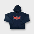 Champion hoodie in navy blue with red F.D. Camden N.J. Printed across the chest