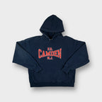 Champion hoodie in navy blue with red F.D. Camden N.J. Printed across the chest