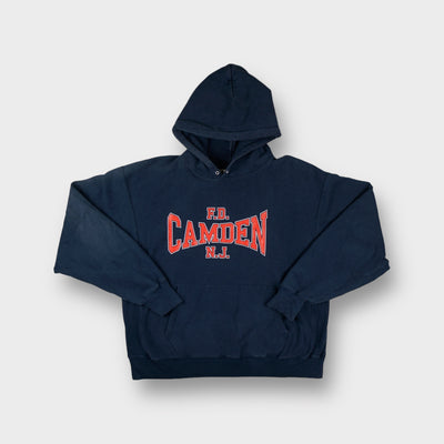 Champion hoodie in navy blue with red F.D. Camden N.J. Printed across the chest