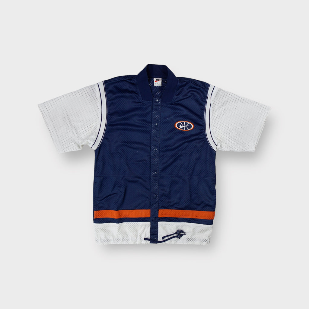 Nike short-sleeve mesh warm-up shirt in blue and white with basketball swoosh patch