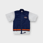 Nike short-sleeve mesh warm-up shirt in blue and white with basketball swoosh patch