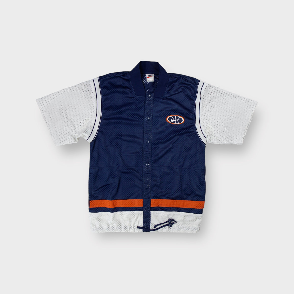 Nike short-sleeve mesh warm-up shirt in blue and white with basketball swoosh patch