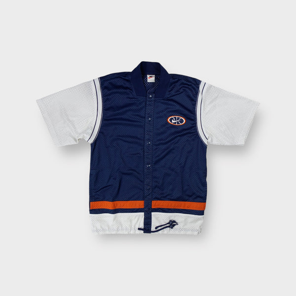Nike short-sleeve mesh warm-up shirt in blue and white with basketball swoosh patch