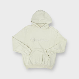 Champion sweater hoodie in beige with embroidered raised logo script on the chest.