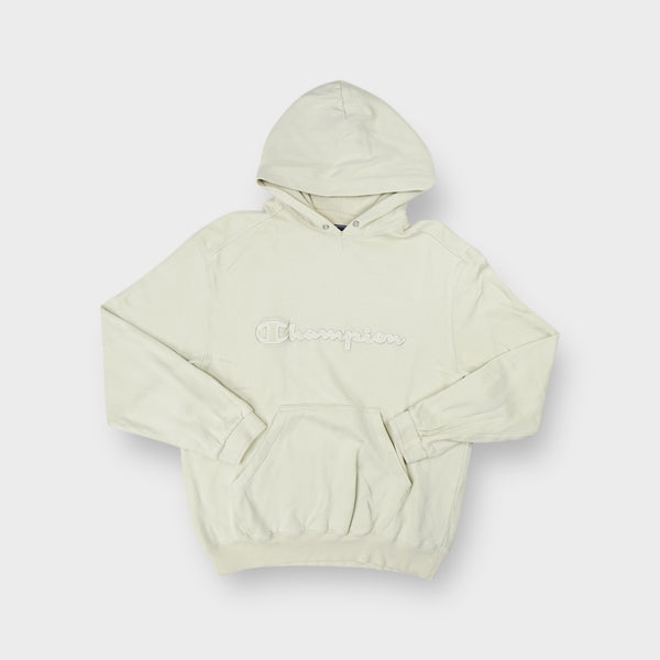 Champion sweater hoodie in beige with embroidered raised logo script on the chest.
