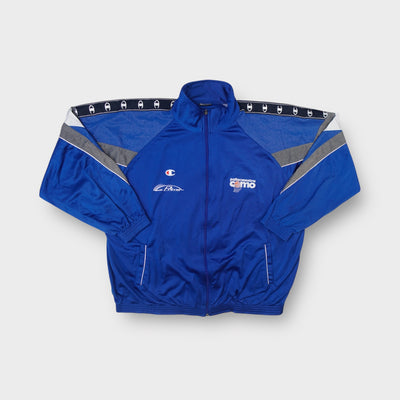 Blue Champion track jacket with Pallacanestro Como print and shoulder taping