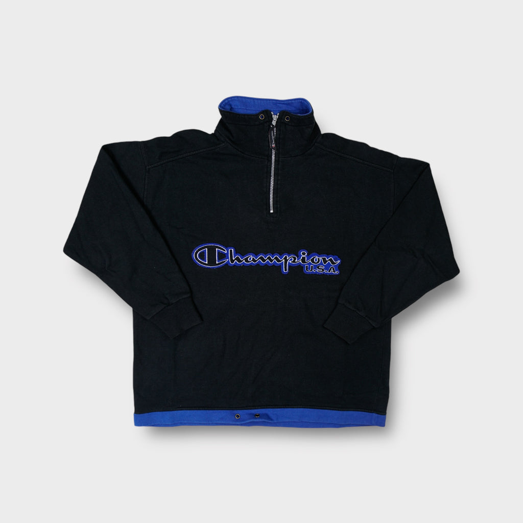 Navy Blue Champion half-zip sweater with embroidered chest logo and blue collar trim