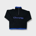 Navy Blue Champion half-zip sweater with embroidered chest logo and blue collar trim