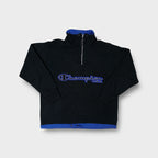 Navy Blue Champion half-zip sweater with embroidered chest logo and blue collar trim