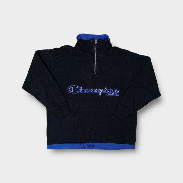 Navy Blue Champion half-zip sweater with embroidered chest logo and blue collar trim