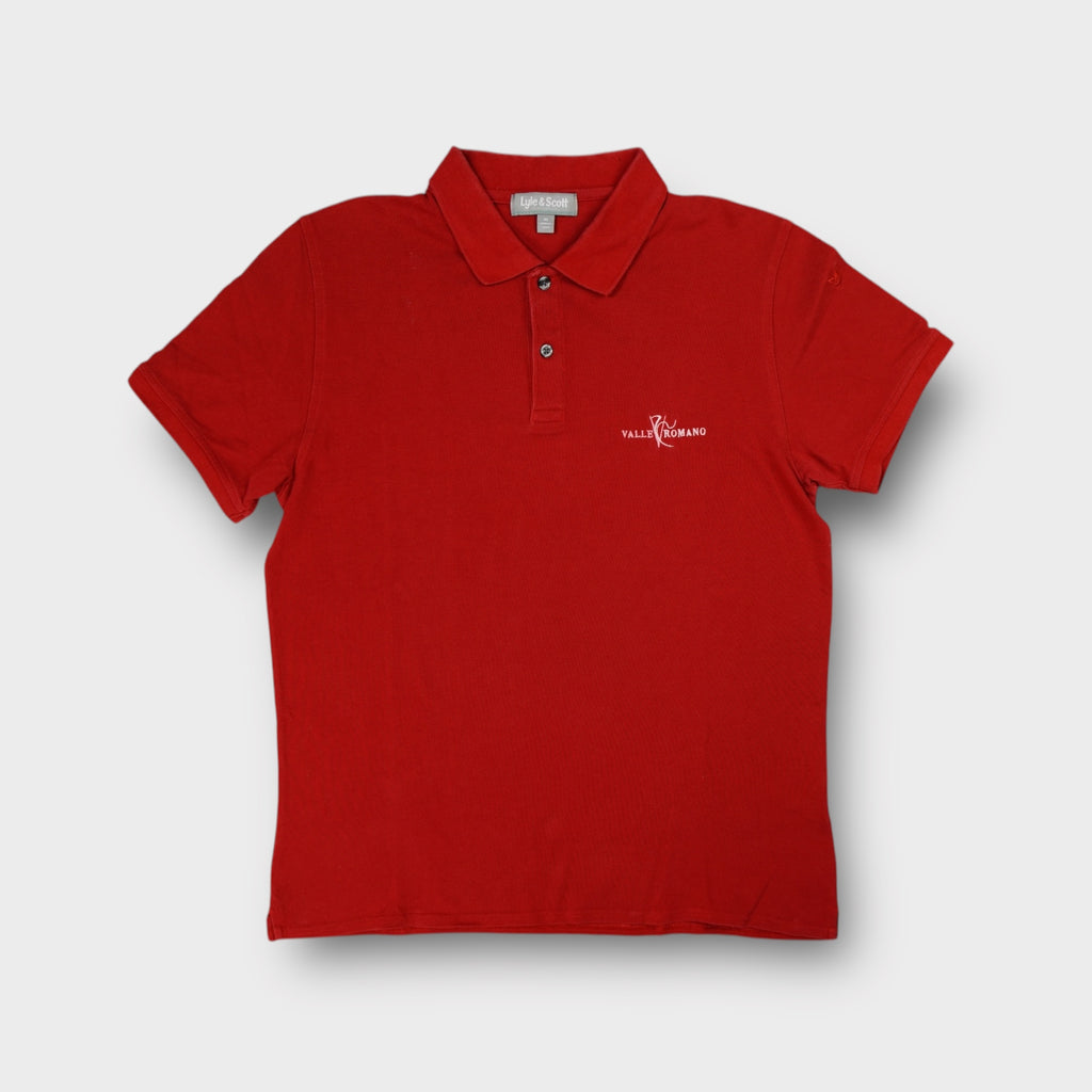 Red Lyle & Scott polo shirt featuring white Valle Romano embroidery on the chest
