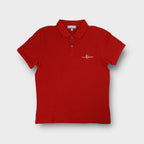 Red Lyle & Scott polo shirt featuring white Valle Romano embroidery on the chest