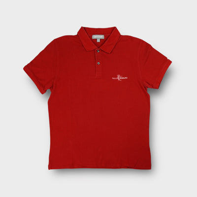 Red Lyle & Scott polo shirt featuring white Valle Romano embroidery on the chest