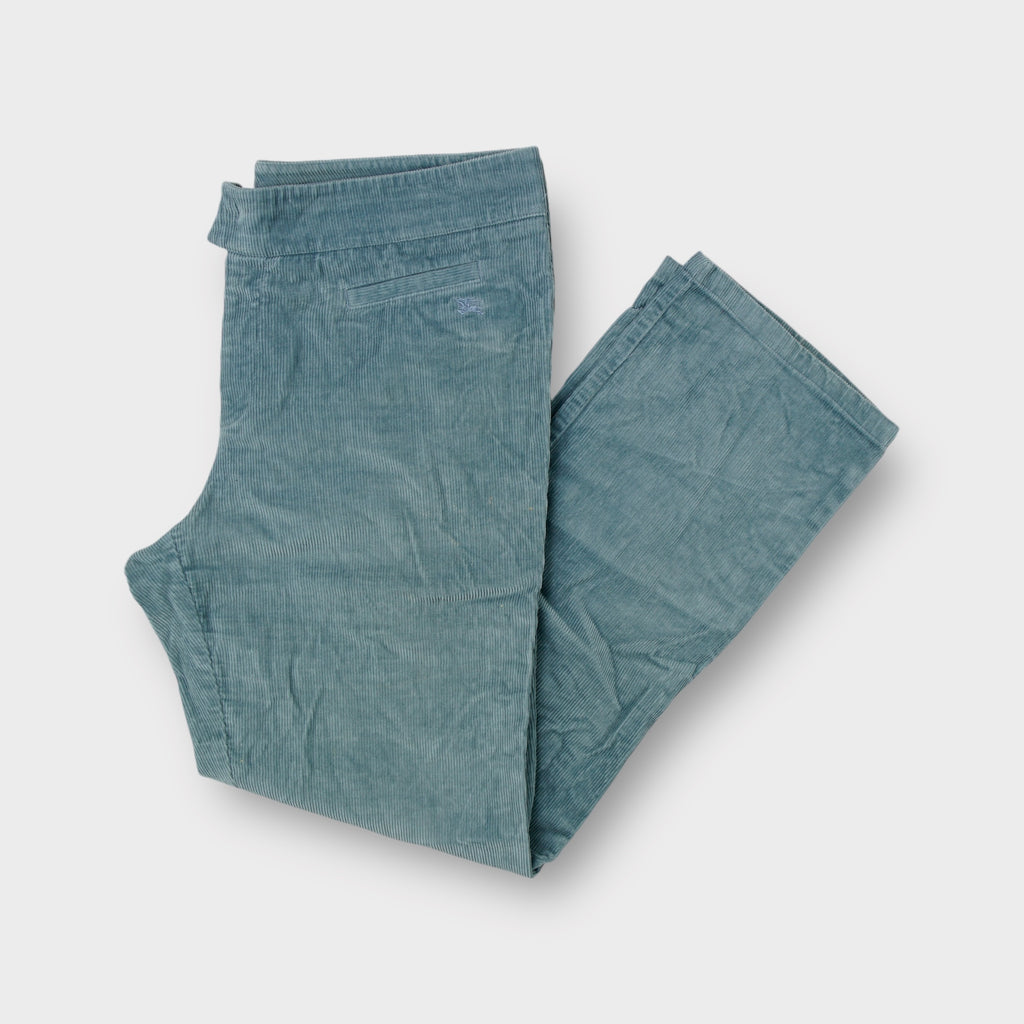 Burberry blue corduroy trousers with embroidered knight logo on the front pocket