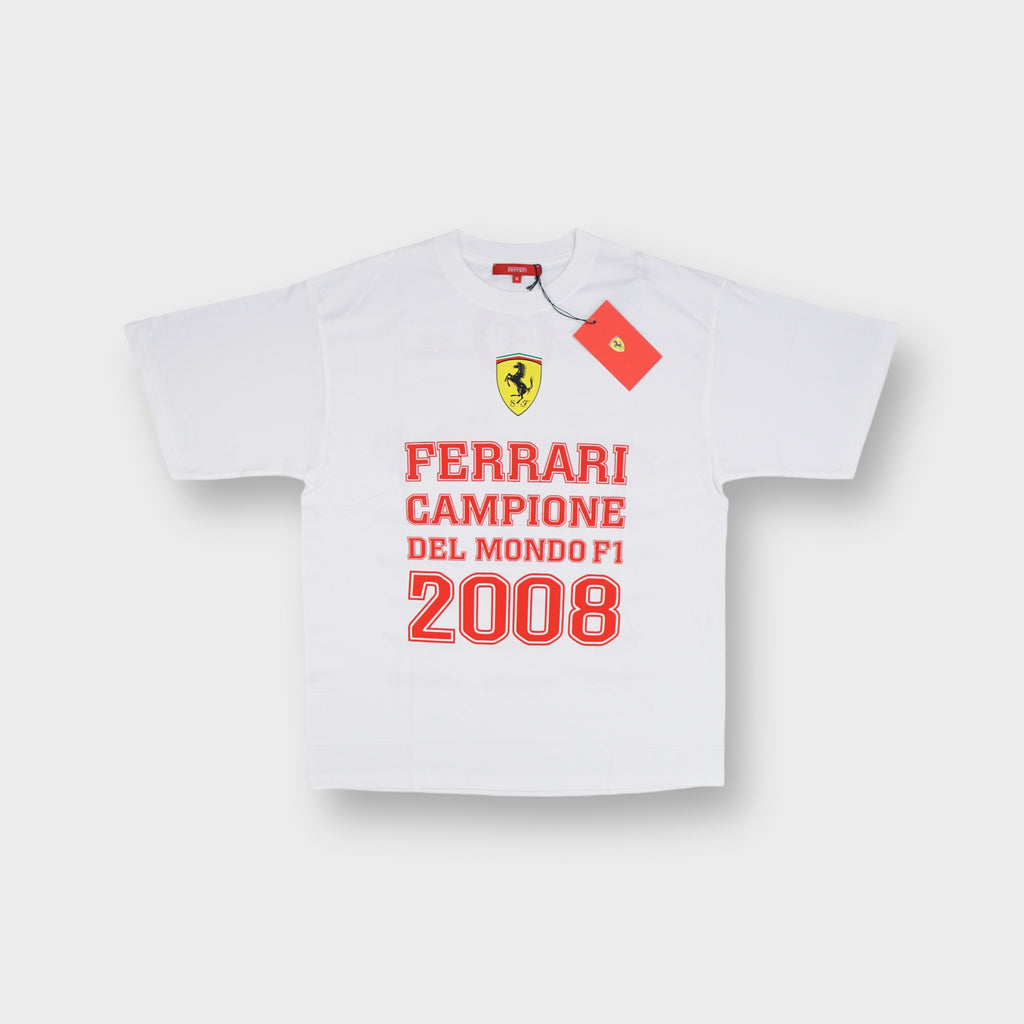White Ferrari T-Shirt with red 2008 F1 championship lettering and yellow crest