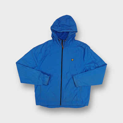 Lyle & Scott jacket in bright blue with yellow eagle logo patch and hood
