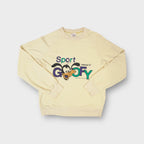 Adidas yellow crewneck sweater featuring a front Sport Goofy print with Trefoil logo.