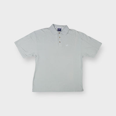 Grey Asics polo shirt featuring an embroidered chest logo and tortoise-shell buttons