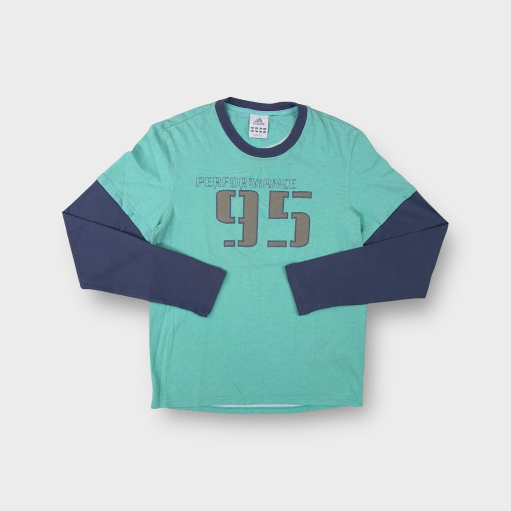 Adidas long-sleeve sweater in turquoise with a grey Performance 95 chest graphic.