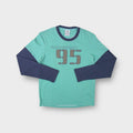 Adidas long-sleeve sweater in turquoise with a grey Performance 95 chest graphic.