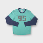 Adidas long-sleeve sweater in turquoise with a grey Performance 95 chest graphic.