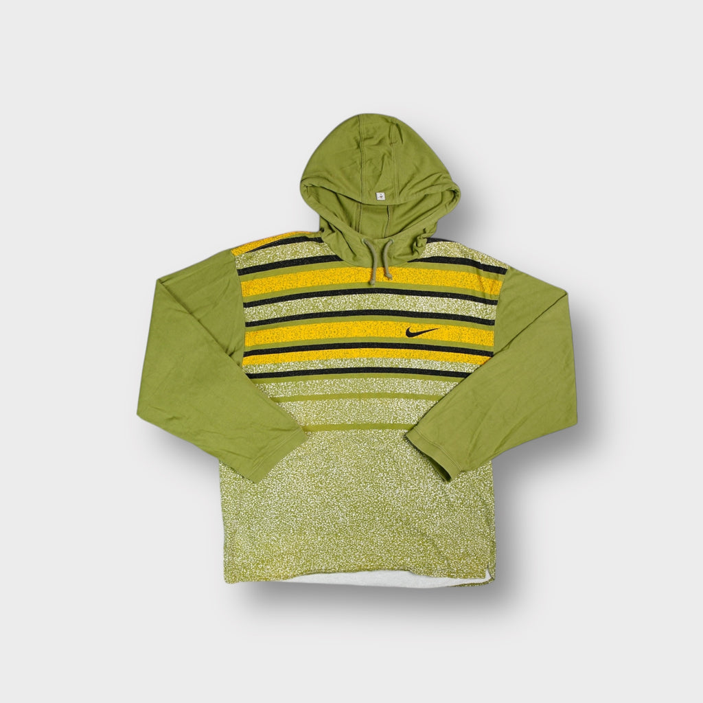 Nike green long-sleeve hooded sweater with a striped chest pattern and small embroidered swoosh.