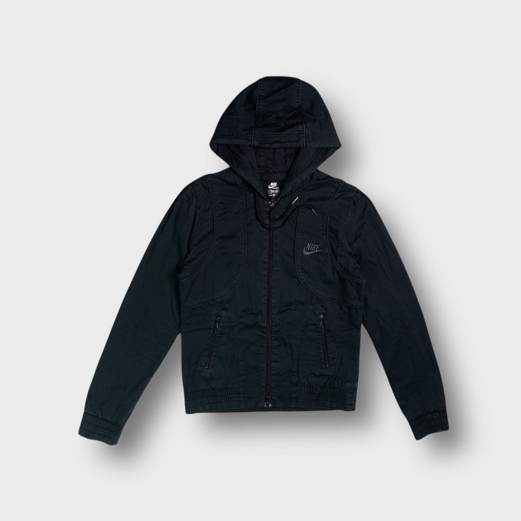 Black Nike hooded jacket featuring an embroidered logo on the chest and zipped front pockets