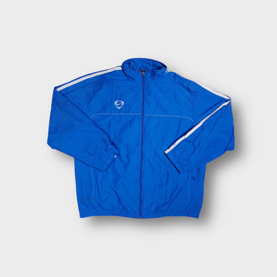 Blue Nike track jacket with white sleeve stripes and an embroidered chest logo