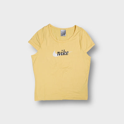 Yellow Nike cap-sleeve T-Shirt with a white swoosh and black cursive chest logo