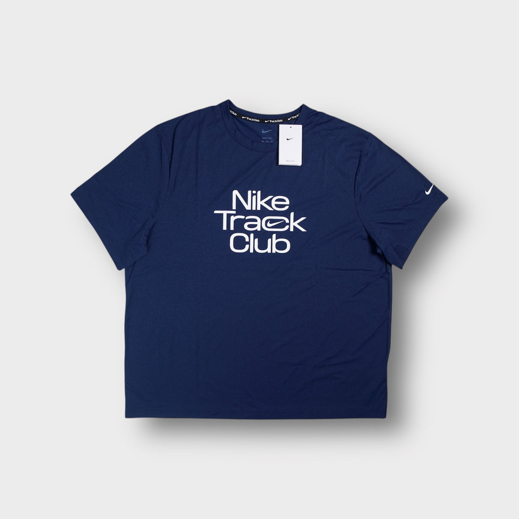 Nike T-Shirt in navy blue with white Nike Track Club graphic print on the front
