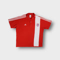 Red Adidas FC Bayern polo shirt with white stripe and embroidered crest