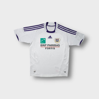 White Adidas RSC Anderlecht jersey with purple shoulder stripes and chest crest