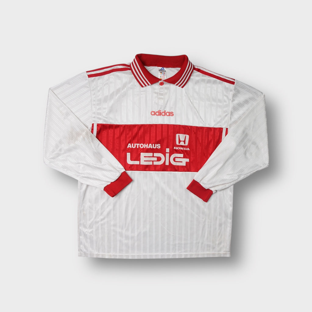 Vintage Adidas white football jersey with red collar and Honda sponsor print