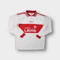 Vintage Adidas white football jersey with red collar and Honda sponsor print