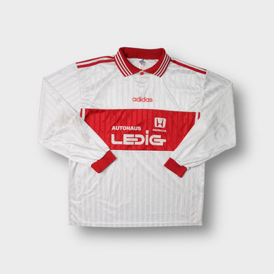 Vintage Adidas white football jersey with red collar and Honda sponsor print