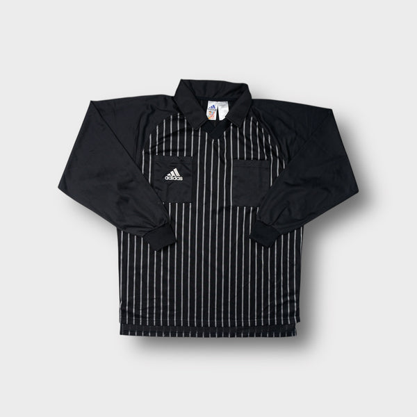 Black Adidas long-sleeve referee shirt with white pinstripes and chest pockets