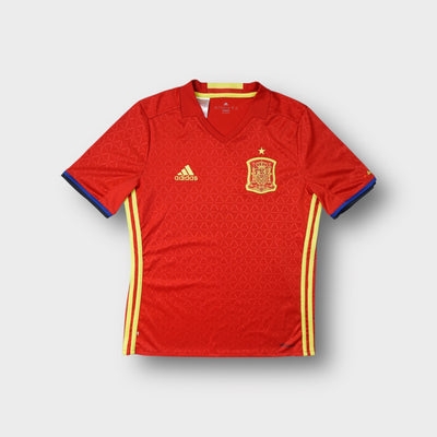 Adidas Spain football jersey in red featuring embroidered RFEF crest and yellow three stripes