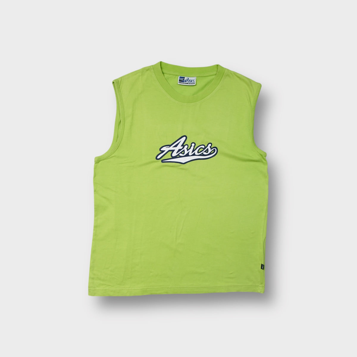 Green Asics sleeveless shirt with white and navy script logo on the chest