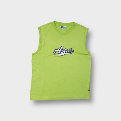 Green Asics sleeveless shirt with white and navy script logo on the chest