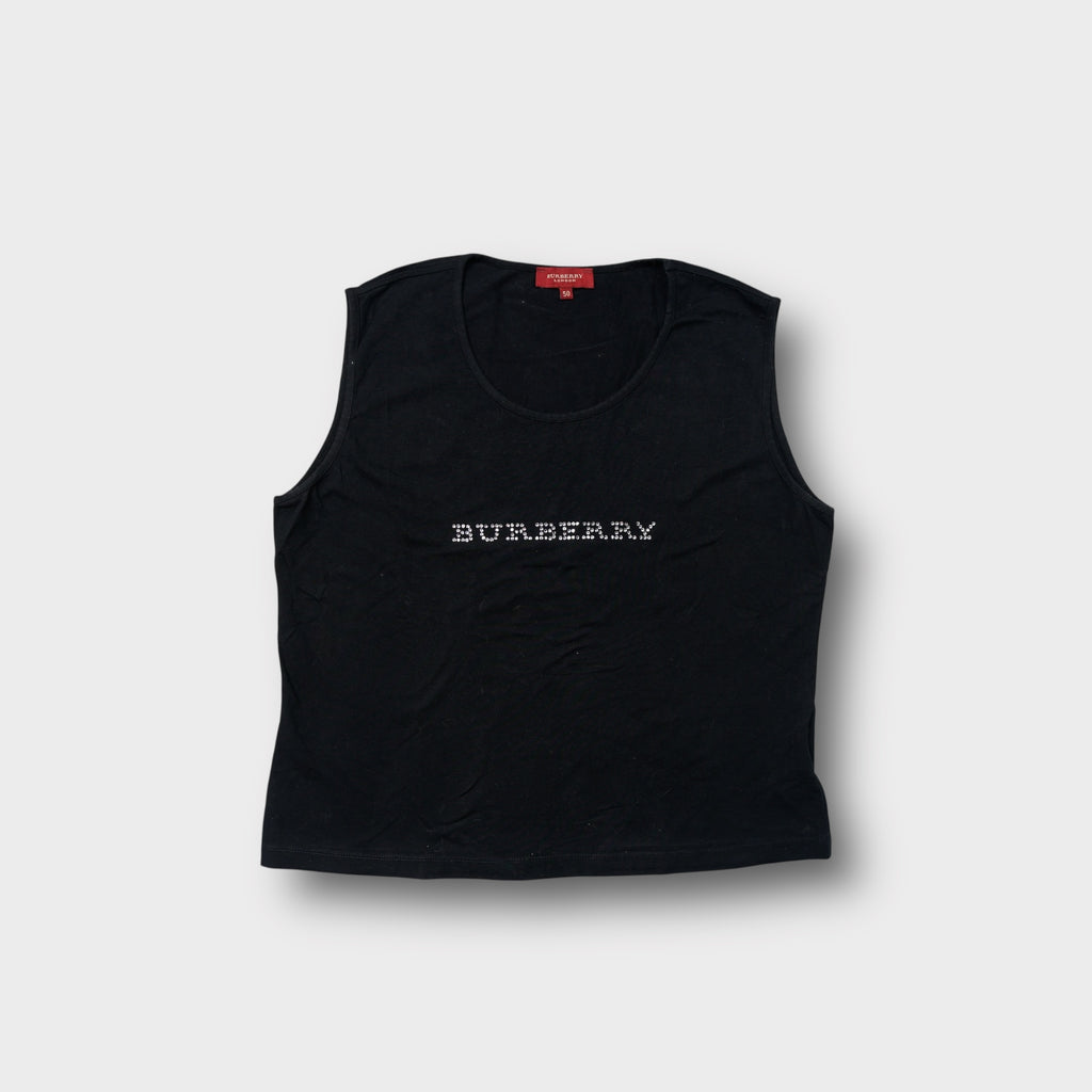 Burberry sleeveless shirt in black with a rhinestone logo across the chest