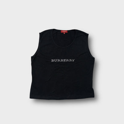 Burberry sleeveless shirt in black with a rhinestone logo across the chest